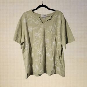 90s Casual Cotton Blend Floral Embellished T Shirt C D Daniels 3X Green